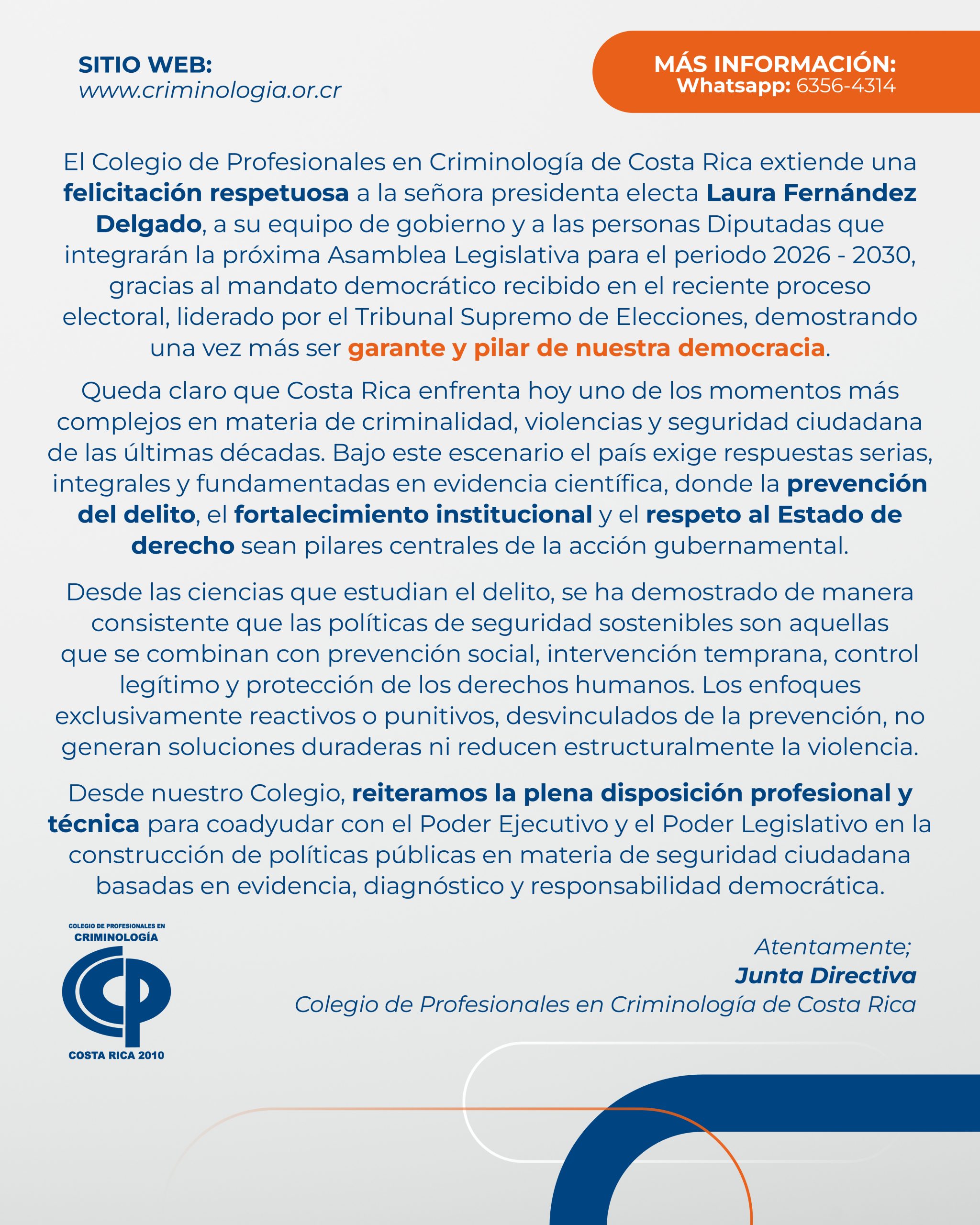 Felicitación a Presidenta Electa