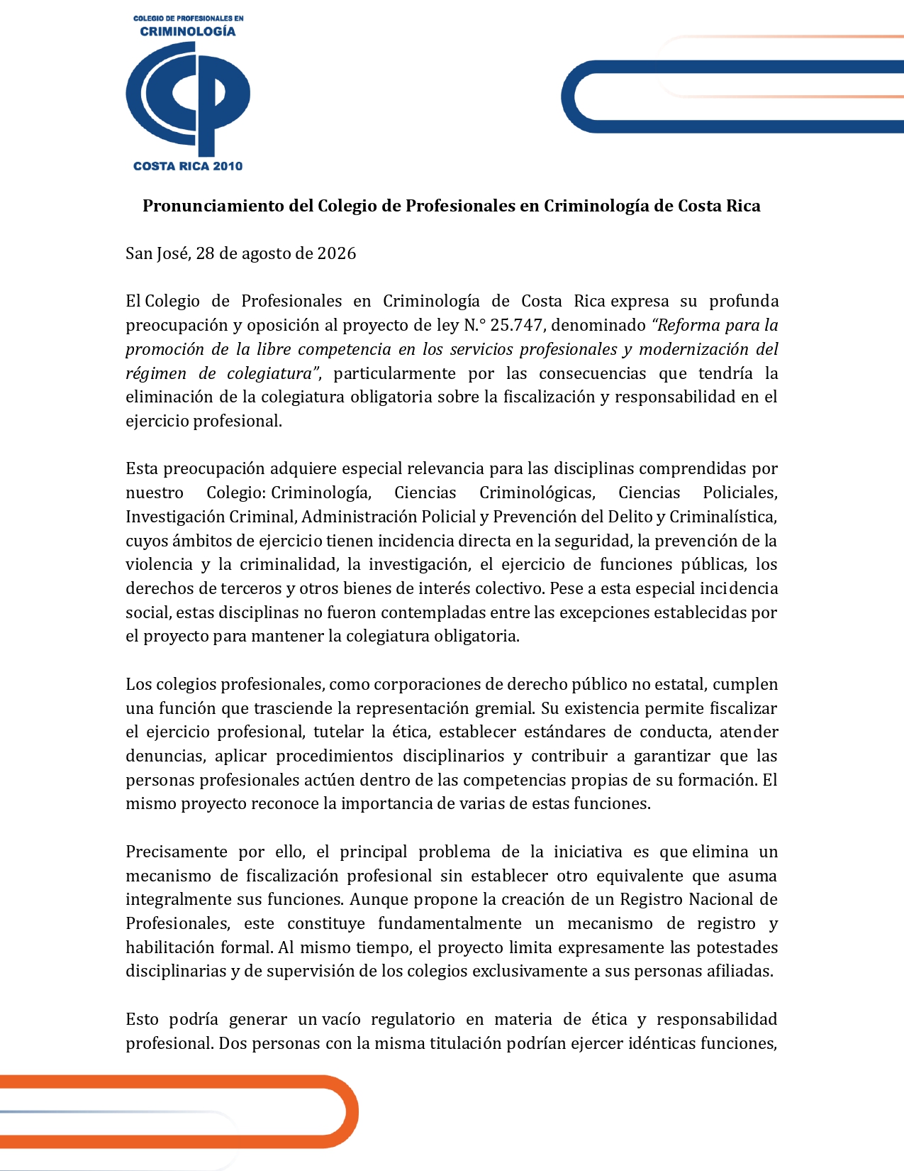Pronunciamiento del Colegio de Profesionales en Criminología de Costa Rica