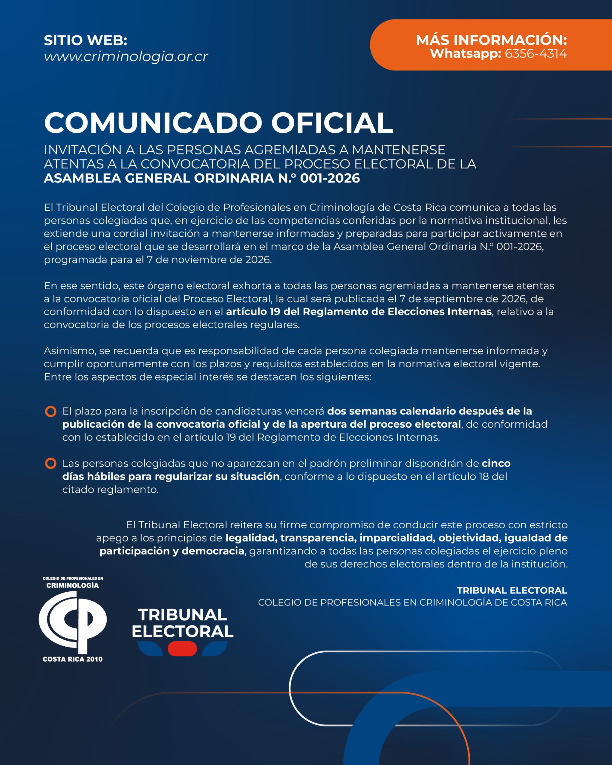 Comunicado Oficial Tribunal Electoral – MANTENERSE ATENTAS A LA CONVOCATORIA DEL PROCESO ELECTORAL DE LA ASAMBLEA GENERAL ORDINARIA N.° 001-2026-29