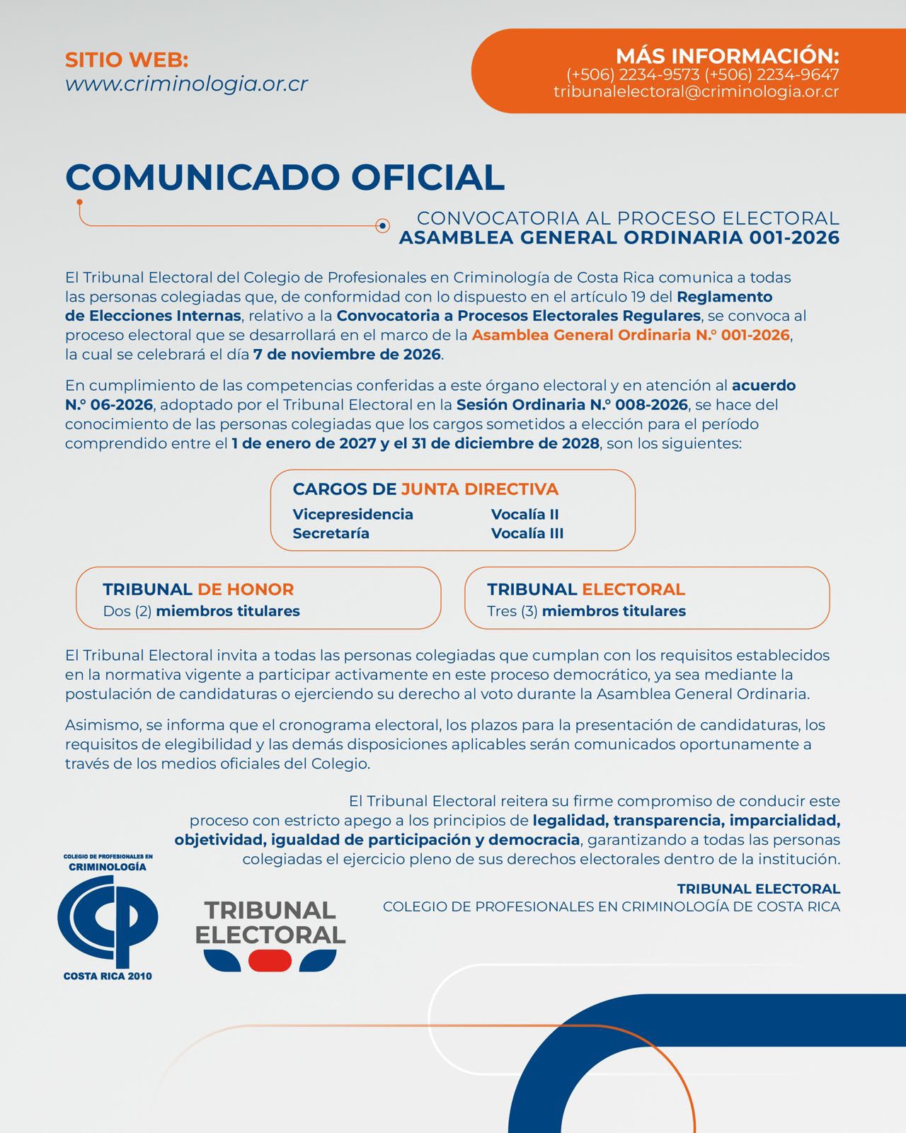 Comunicado oficial- CONVOCATORIA AL PROCESO ELECTORAL- ASAMBLEA GENERAL ORDINARIA 001-2026